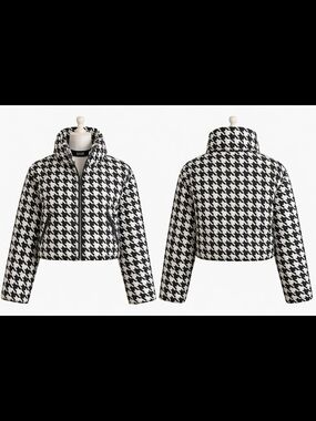 NVLT Small S New Womens Black & White Houndstooth Puffer Jacket